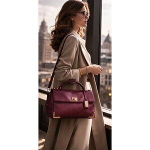 Badgley Mischka Burgundy Pebbled Leather Satchel Top Handle Crossbody